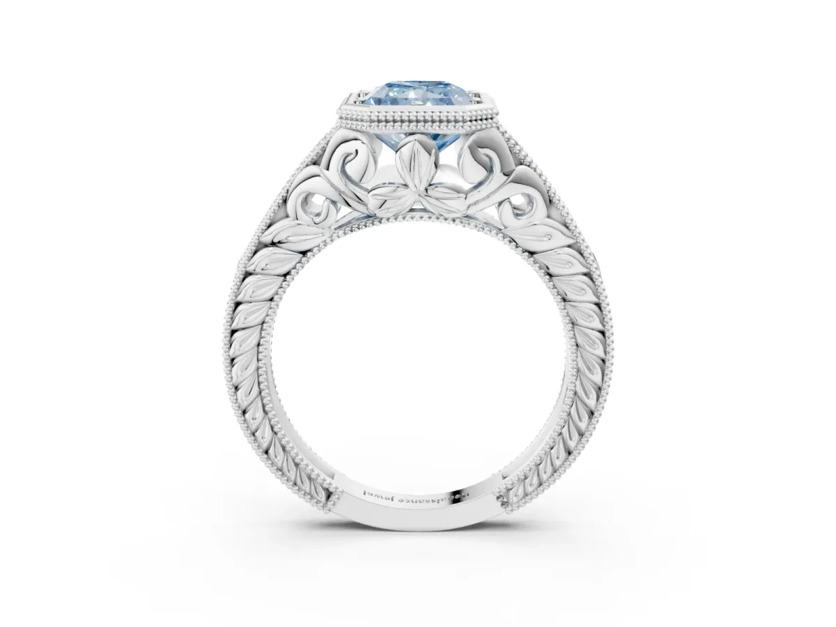 Fancy Blue Bezel Set Radiant Cut Diamond Milgrain Pave Engagement Ring Platinum