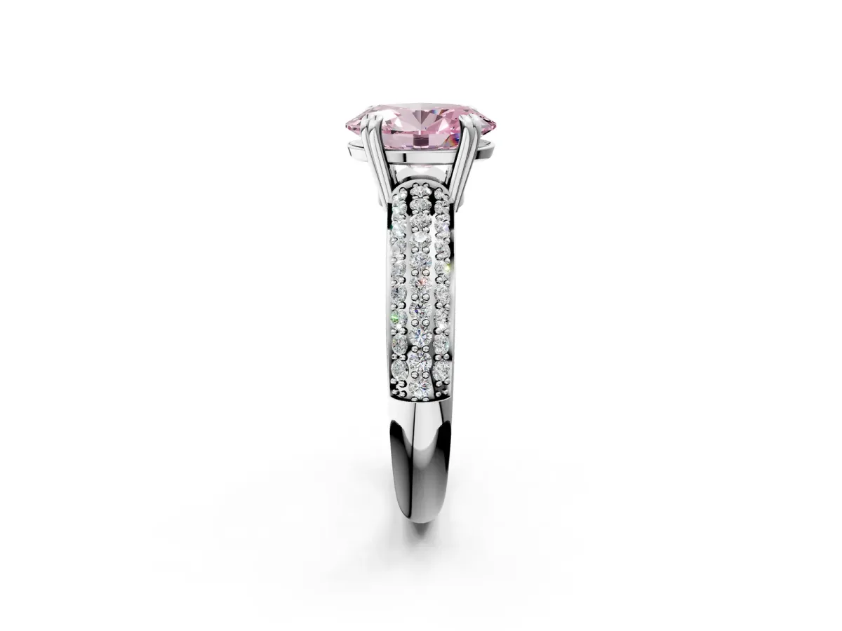 Fancy Pink Oval Cut Diamond Solitaire Ring with Multi-Row Round Pavé Band and Prong Setting White gold