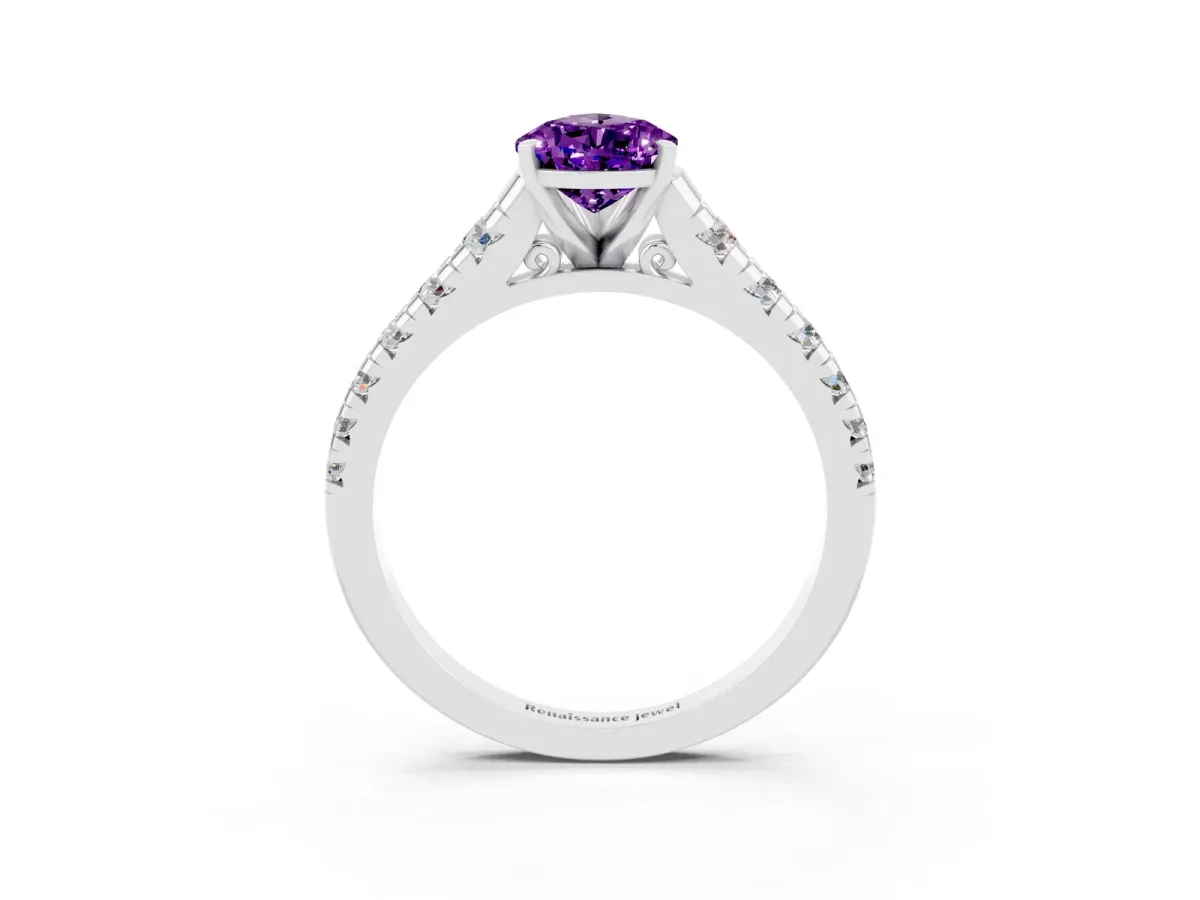 Pear Cut Amethyst Cathedral Solitaire Ring with Round Pavé Band Platinum