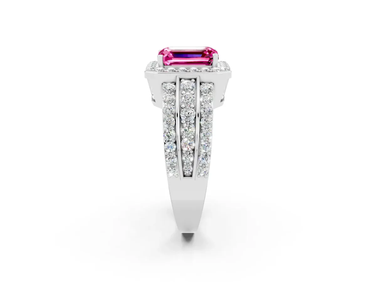 Emerald Cut Halo Pink Sapphire Ring with Round Split Shank and Prong Setting Platinum