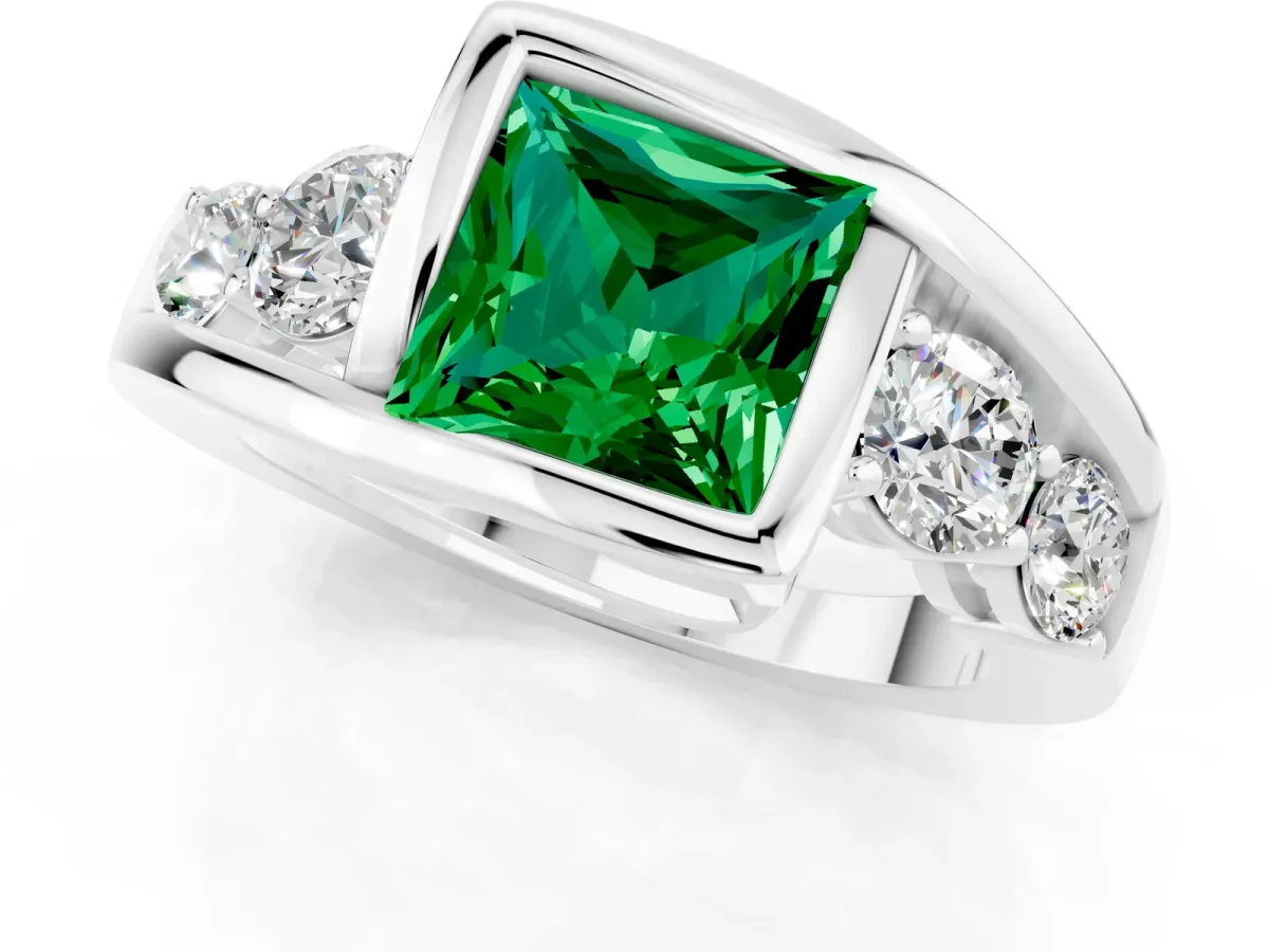 Bezel Set Princess Cut Emerald Bypass Ring with Round Accents Platinum