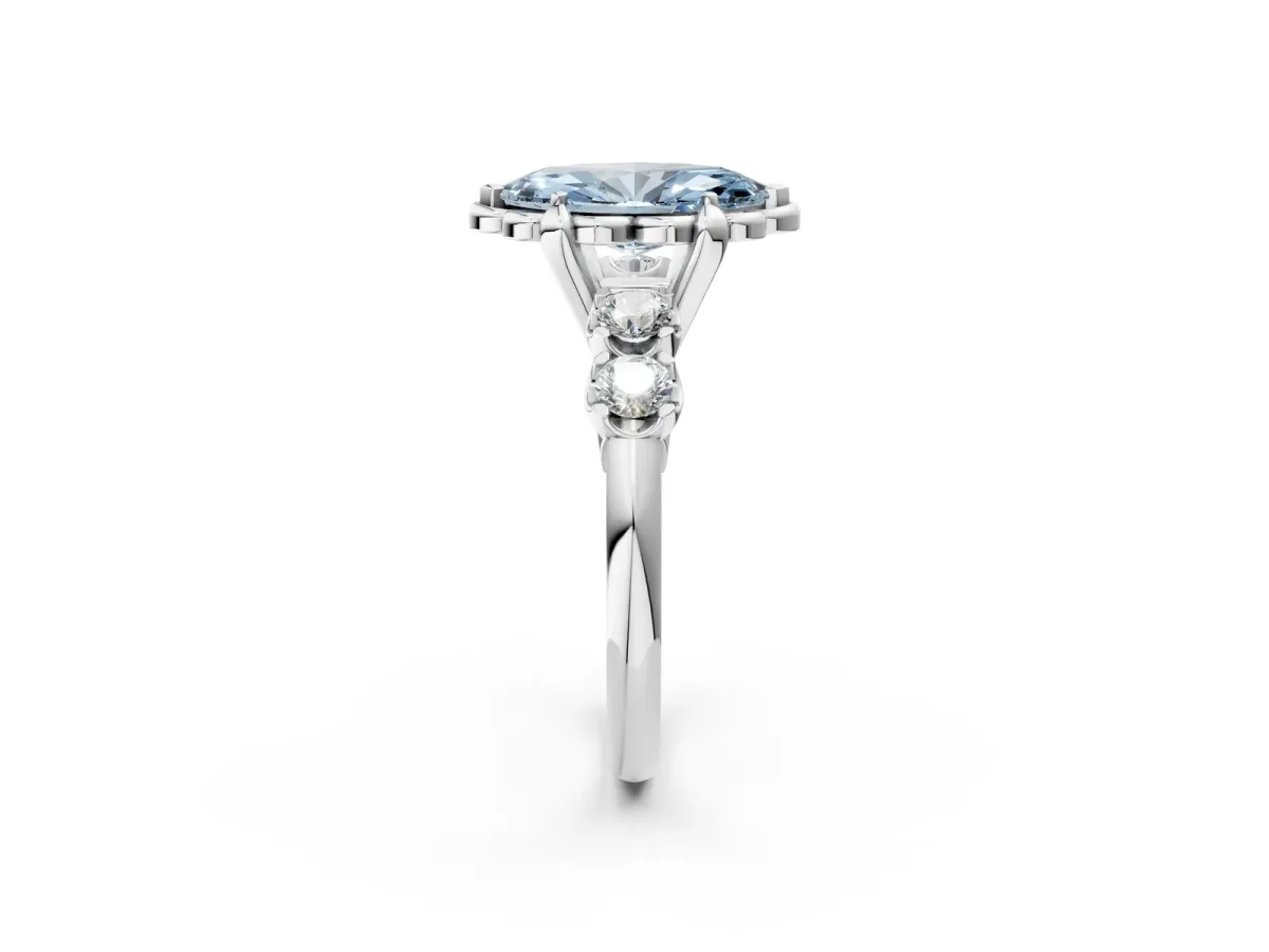 Fancy Blue Marquise Cut Cut Diamond Floral Halo Engagement Ring with Shared Prong Setting Silver