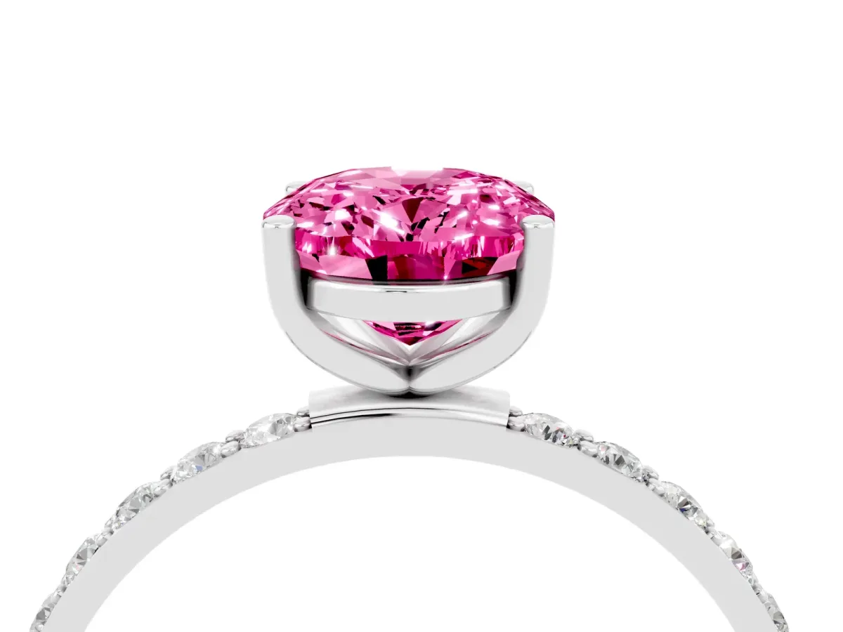 Oval Cut Pink Sapphire Solitaire Ring with Round Pavé Band and Prong Setting Silver