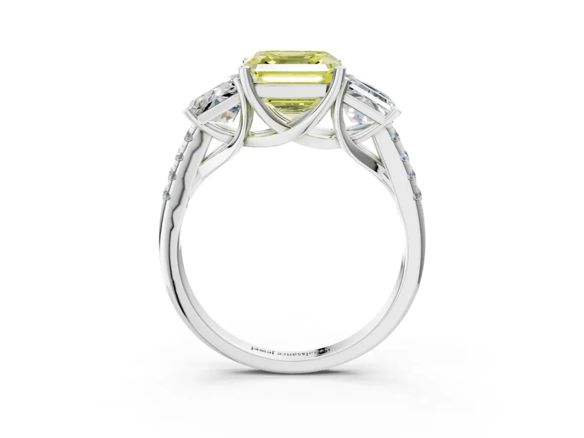Fancy Yellow Three-Stone Asscher Cut Diamond Ring with Round Pavé Band and Prong Setting Silver