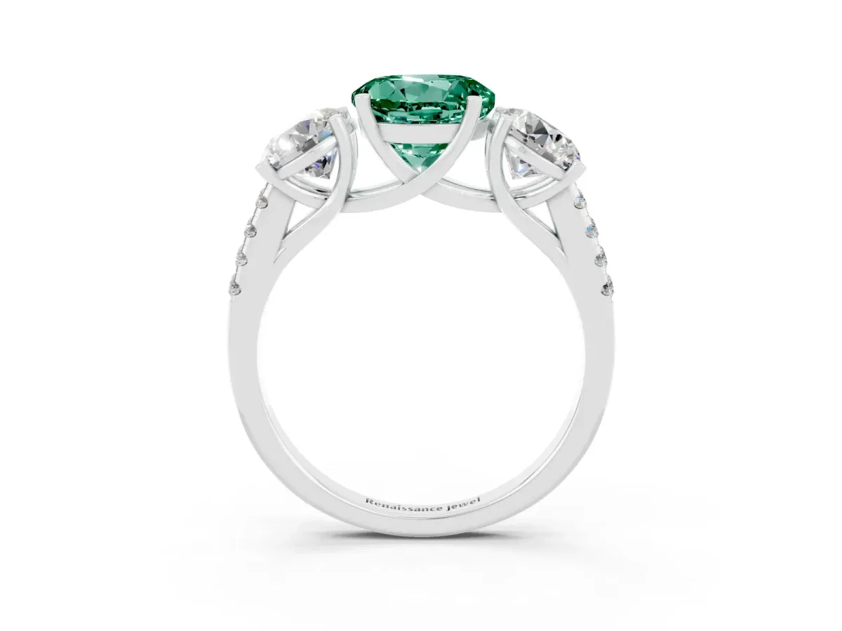 Three-Stone Round Cut Green Sapphire Ring with Round Pavé Band and Prong Setting Silver