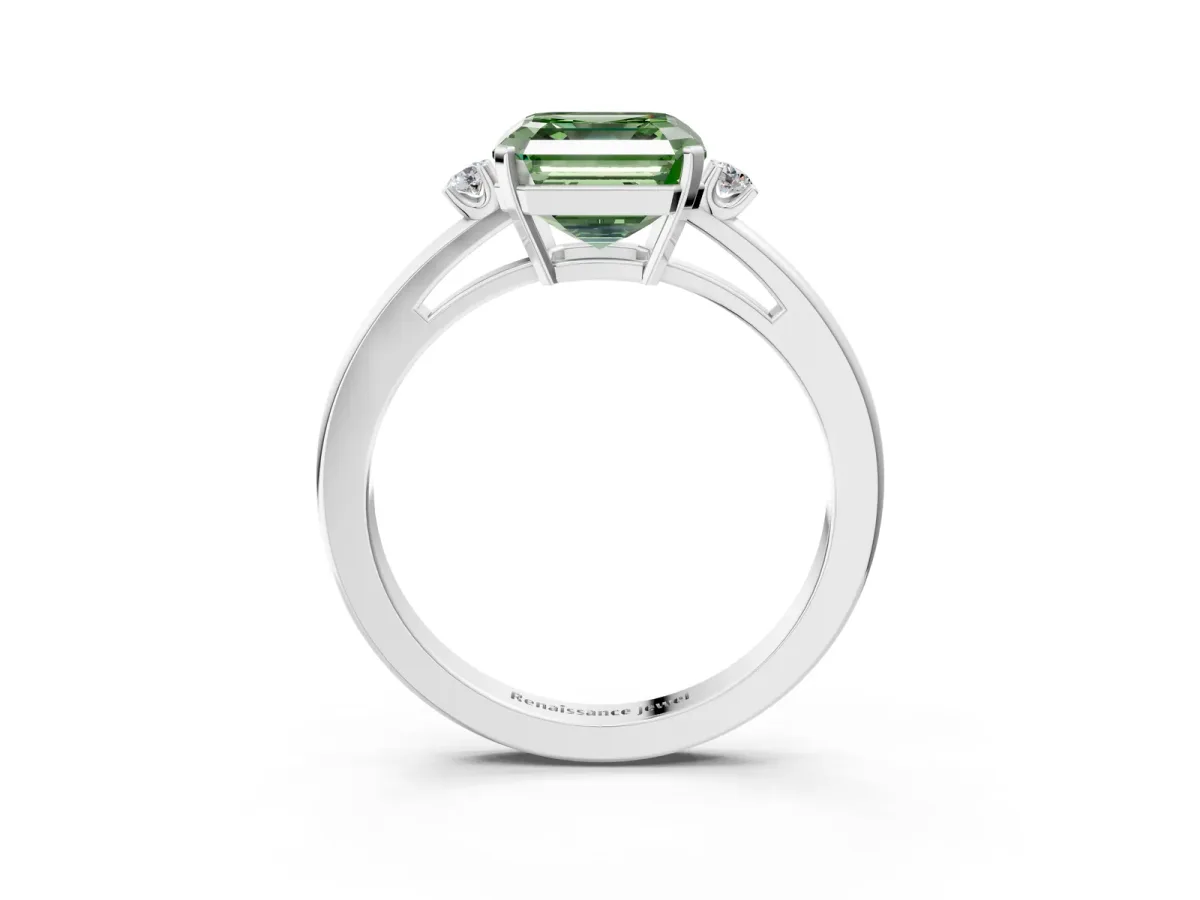 Fancy Green Asscher Cut Cut Three-Stone Solitaire Ring with Round Accent Diamonds and Four-Prong Setting Platinum