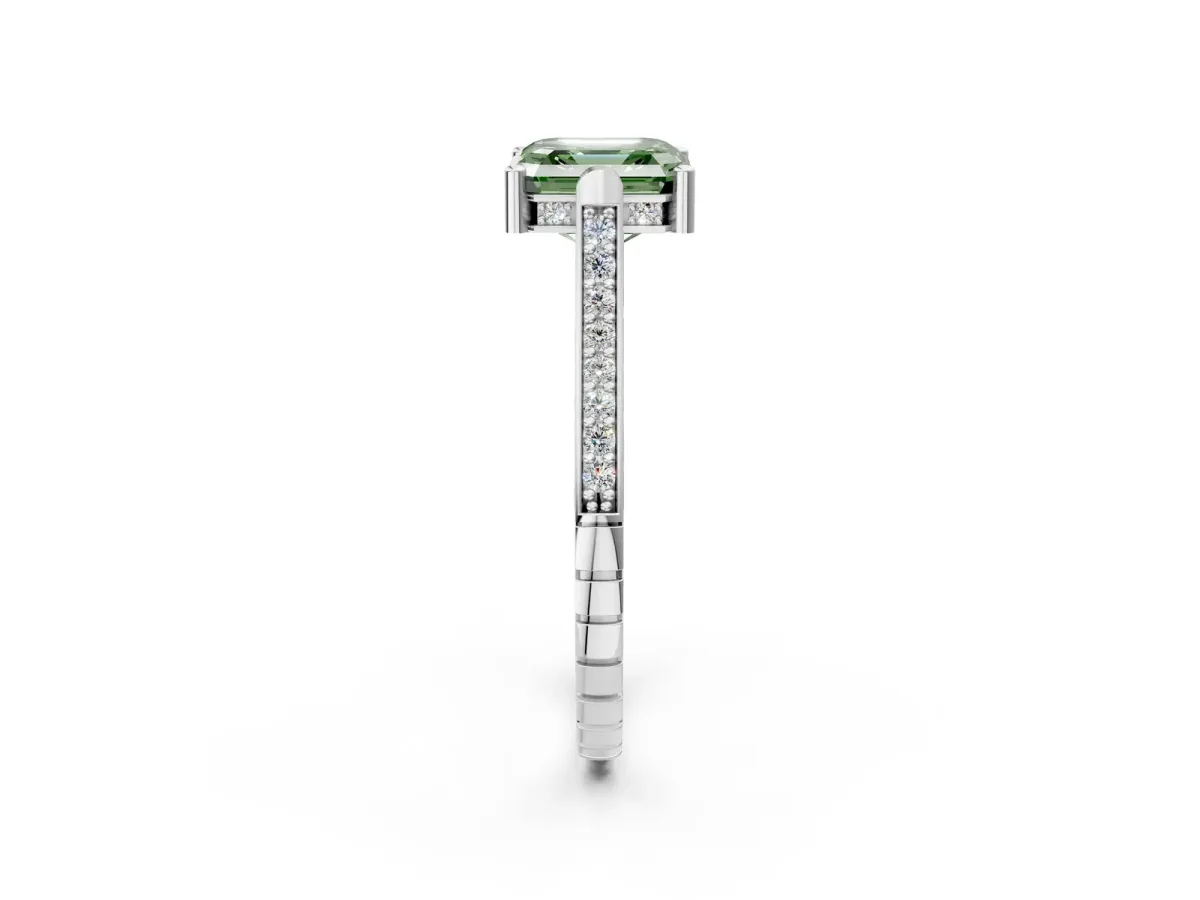 Fancy Green Asscher Cut Solitaire Diamond Ring with Channel Set Band and Bezel Prong Setting Platinum