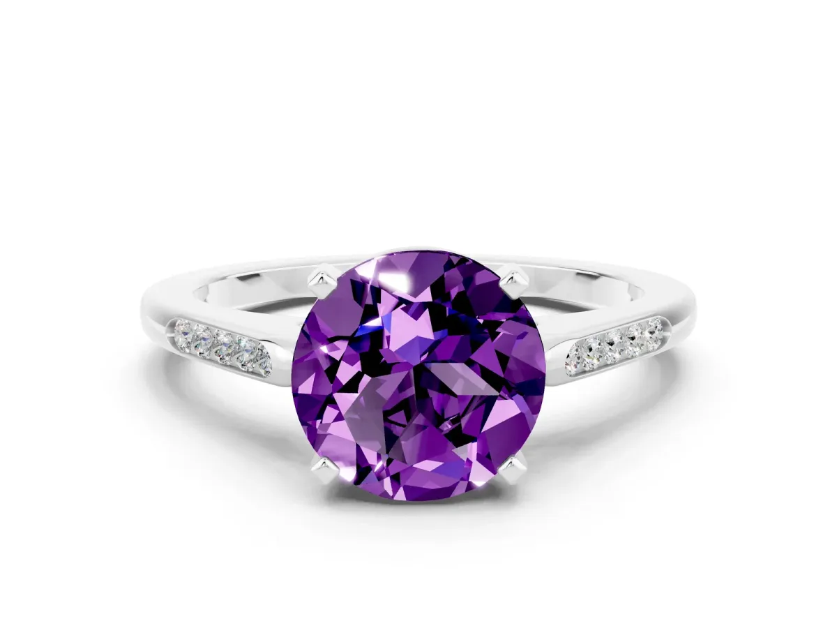 Round Cut Amethyst Solitaire Ring with Channel Set Round Band and Prong Setting Silver