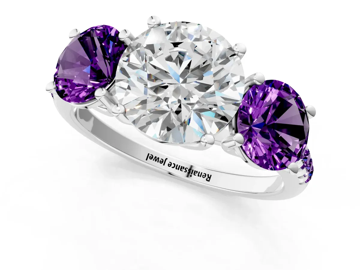 Three-Stone Round Cut Diamond Ring with Round Amethyst Pavé Band and Prong Setting Silver