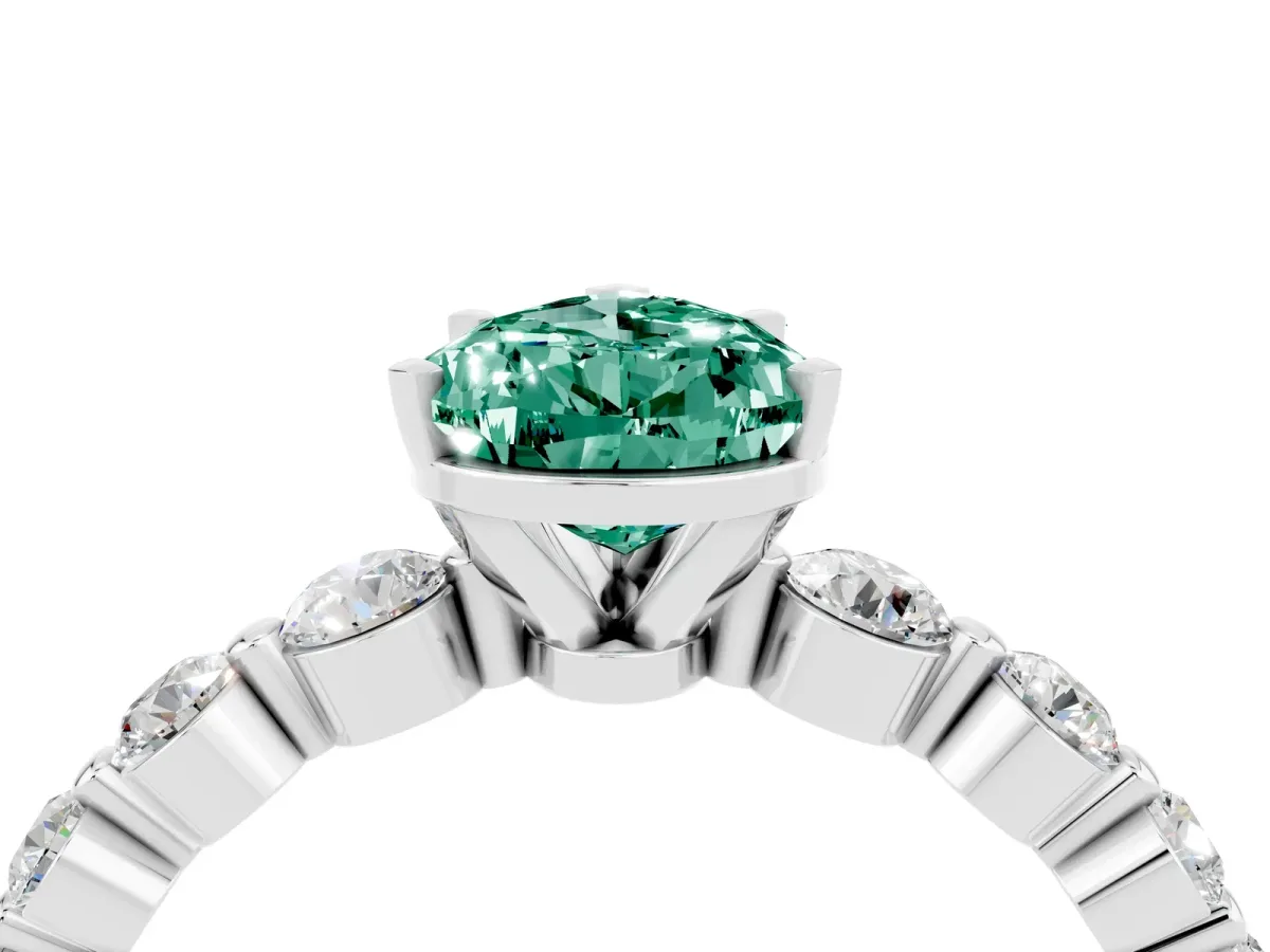 Pear Cut Solitaire Green Sapphire Ring with Pave Band and Four-Prong Setting Silver