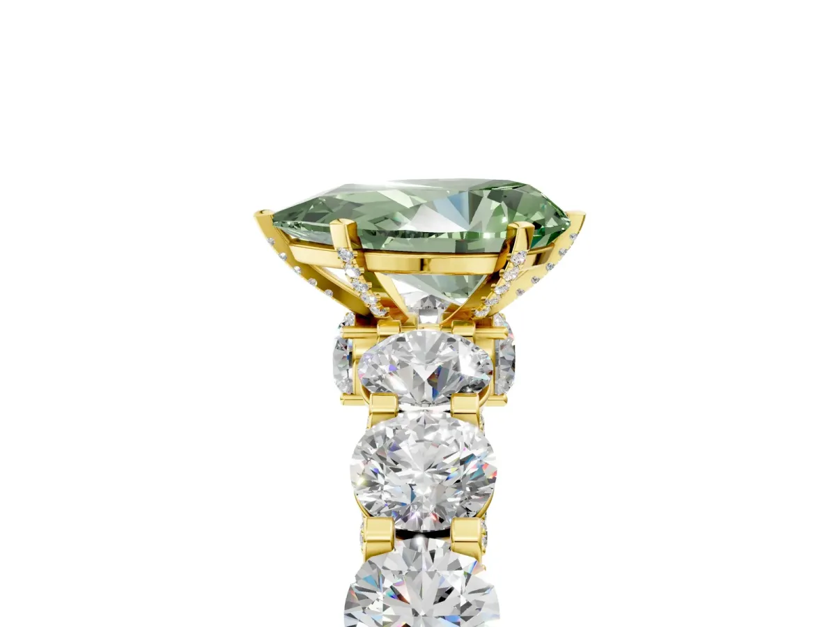 Fancy Green Pear Cut Diamond Side Stone Engagement Ring with Four-Prong Setting Yellow gold