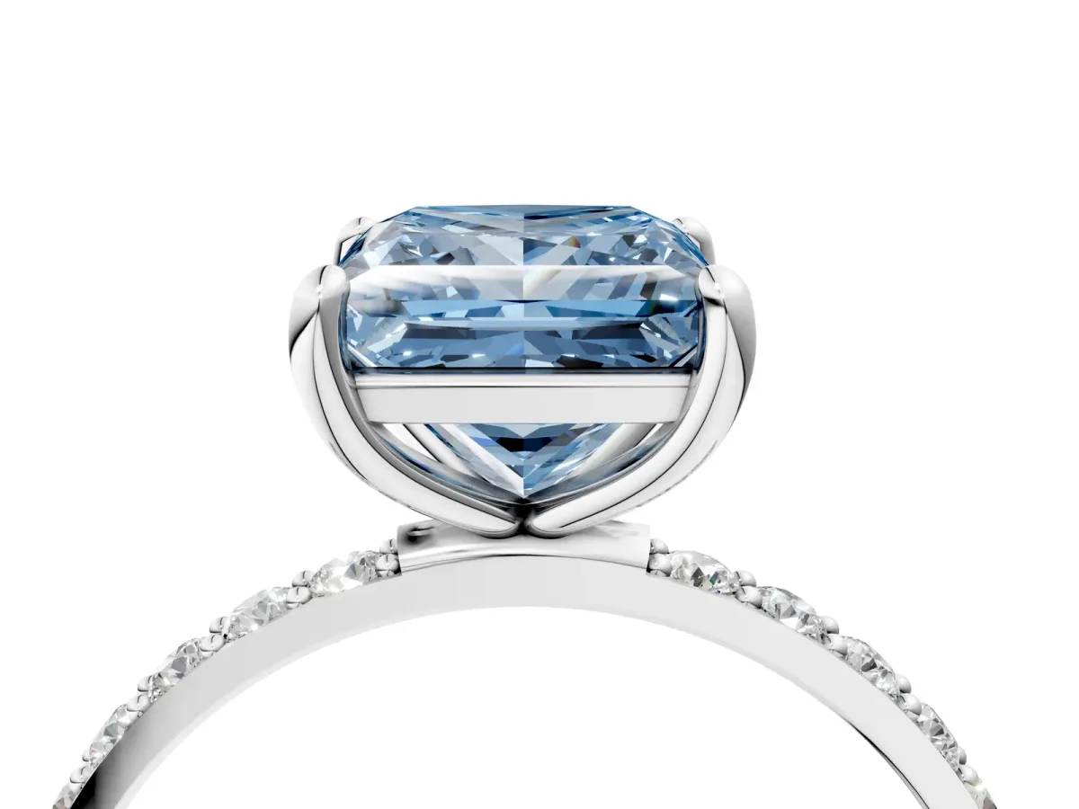 Fancy Blue Princess Cut Diamond Solitaire Ring with Round Pavé Band and Prong Setting Silver
