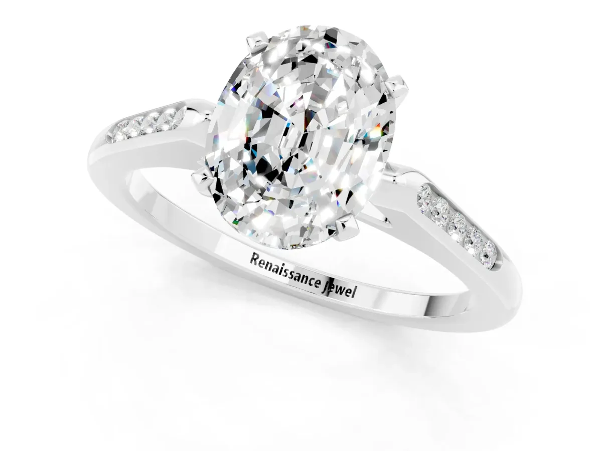 Oval Cut Moissanite Solitaire Ring with Channel Set Round Band and Prong Setting Silver