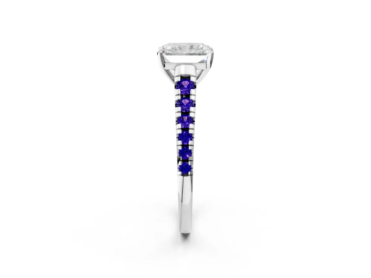 Radiant Cut Diamond Cathedral Solitaire Ring with Round Tanzanite Pavé Band Silver