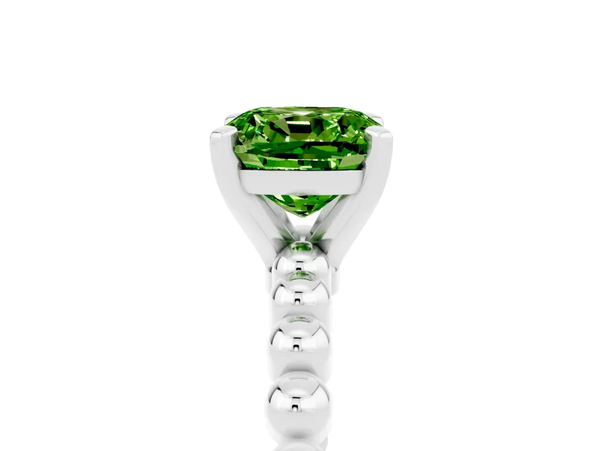 Cushion Cut Peridot Solitaire Ring with Beaded Band and Prong Setting Platinum