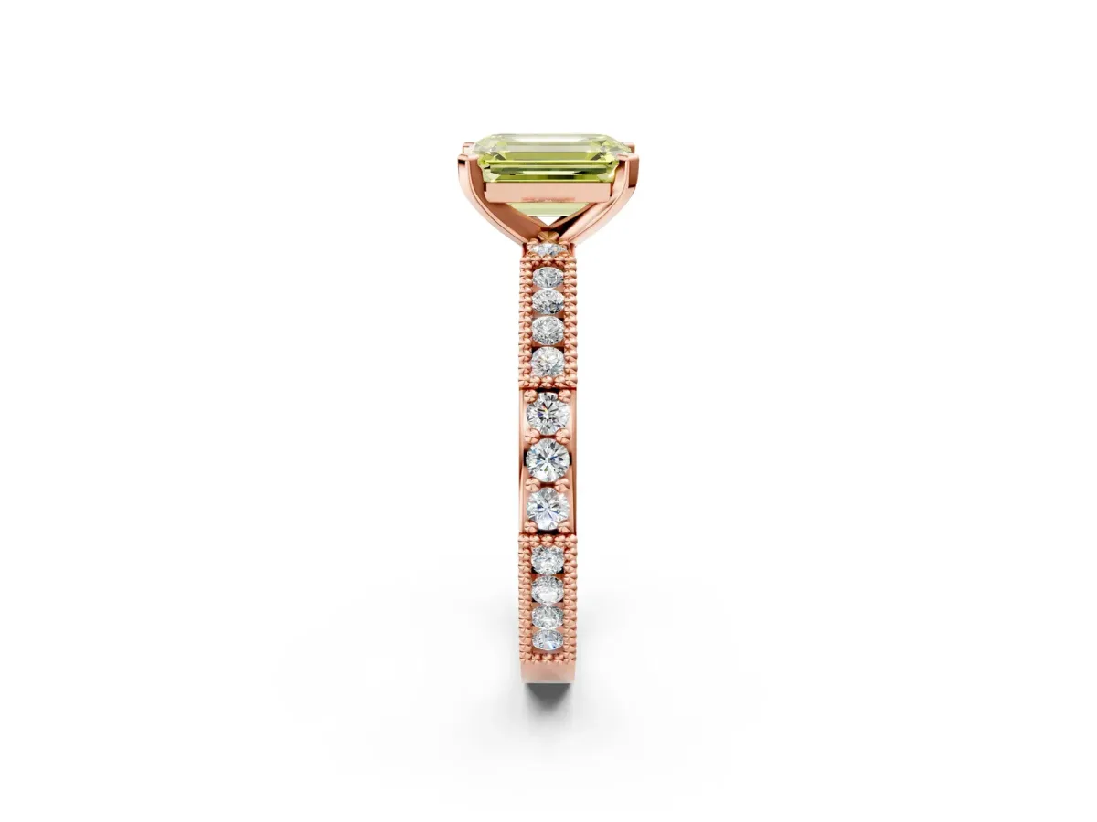 Fancy Yellow Emerald Cut Solitaire with Pavé Band and Four-Prong Setting Rose gold