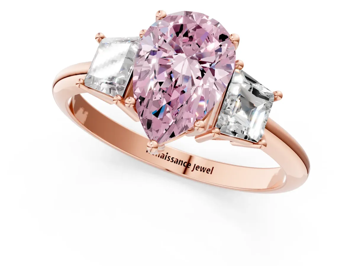 Fancy Pink Pear Cut Diamond Three-Stone Ring with Trapezoid Side Stones and Prong Setting Rose gold