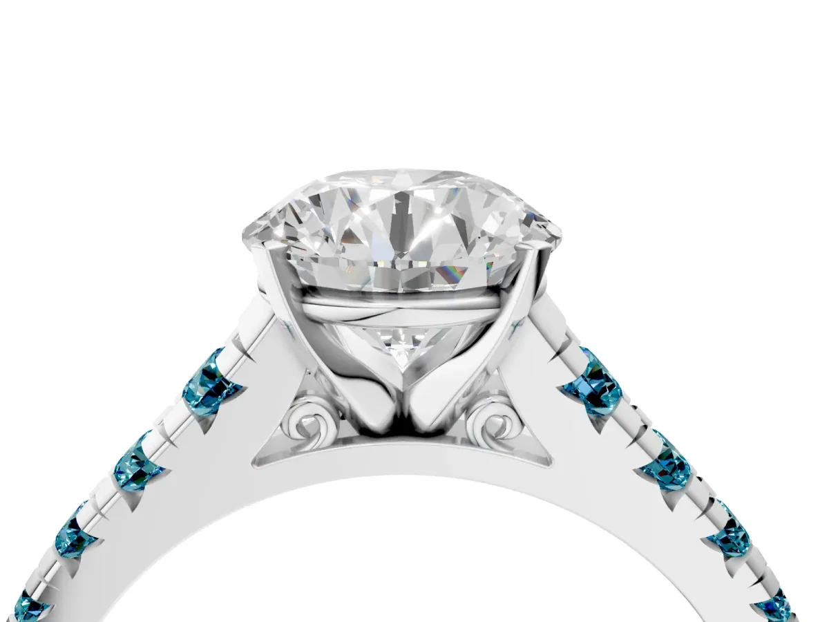 Round Cut Diamond Cathedral Solitaire Ring with Round Blue Topaz Pavé Band Silver