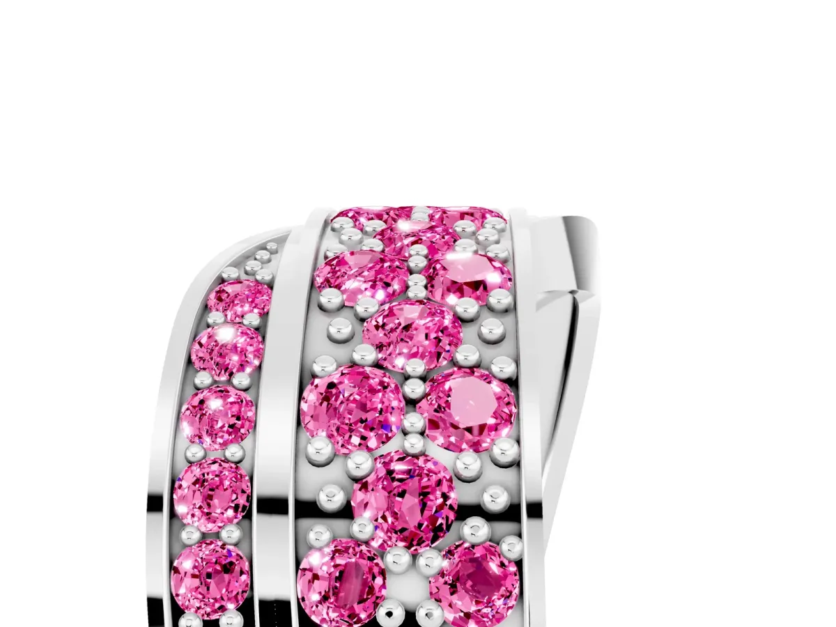 Pavé Round Pink Sapphire Crossover Band with Bead Prong Setting Silver