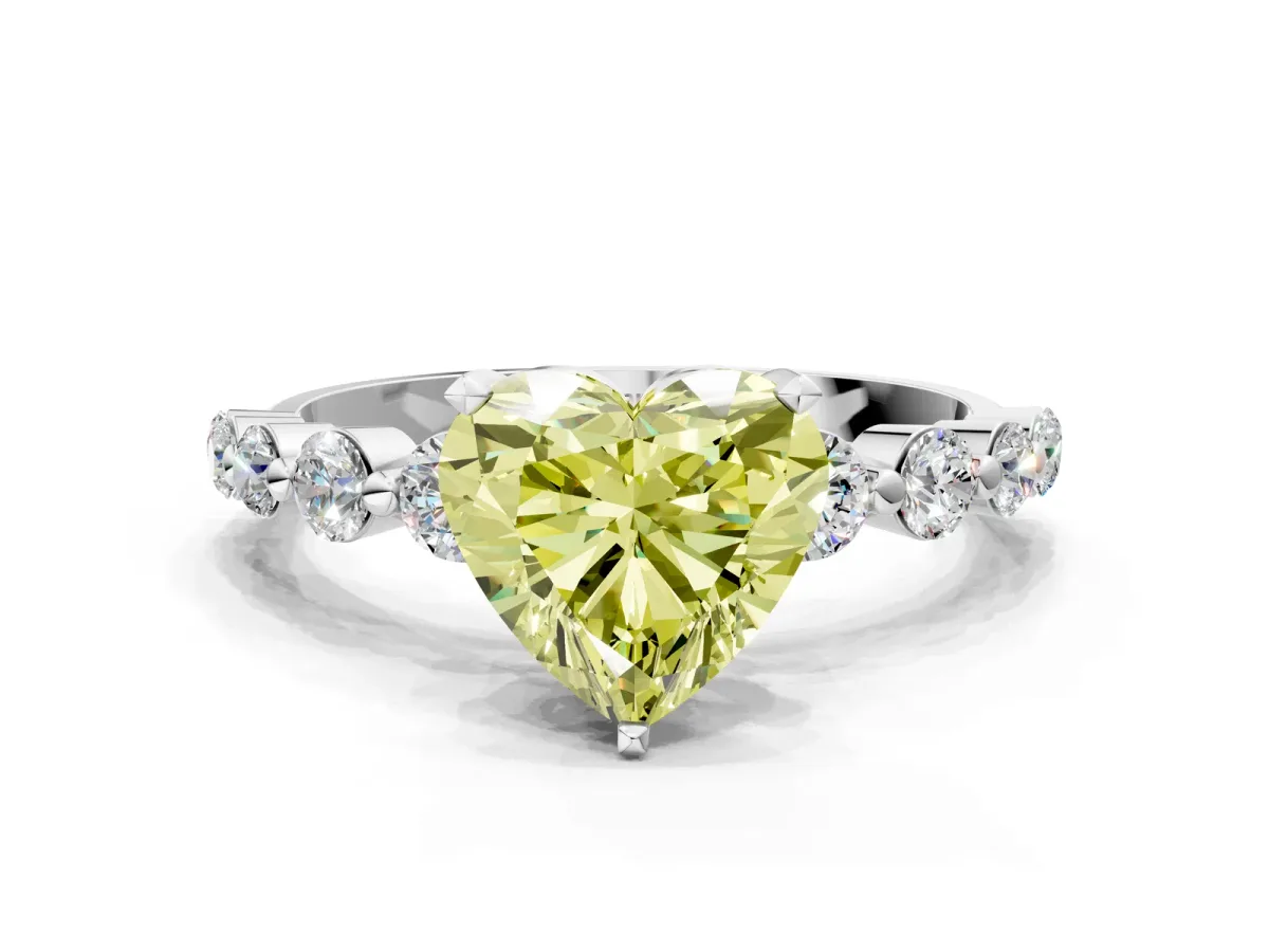 Fancy Yellow Heart Cut Solitaire Diamond Ring with Pave Band and Four-Prong Setting Silver