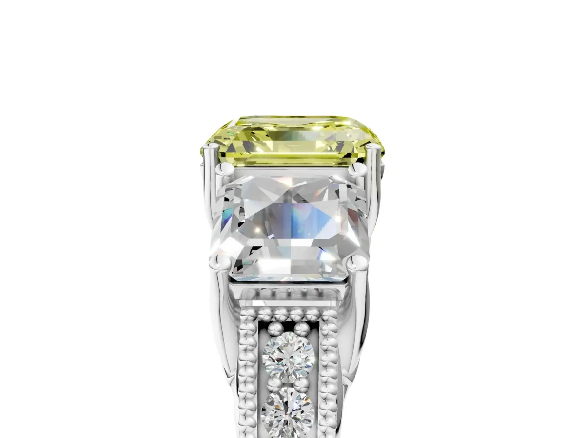 Fancy Yellow Three-Stone Asscher Cut Cut Milgrain Pavé Engagement Ring Platinum