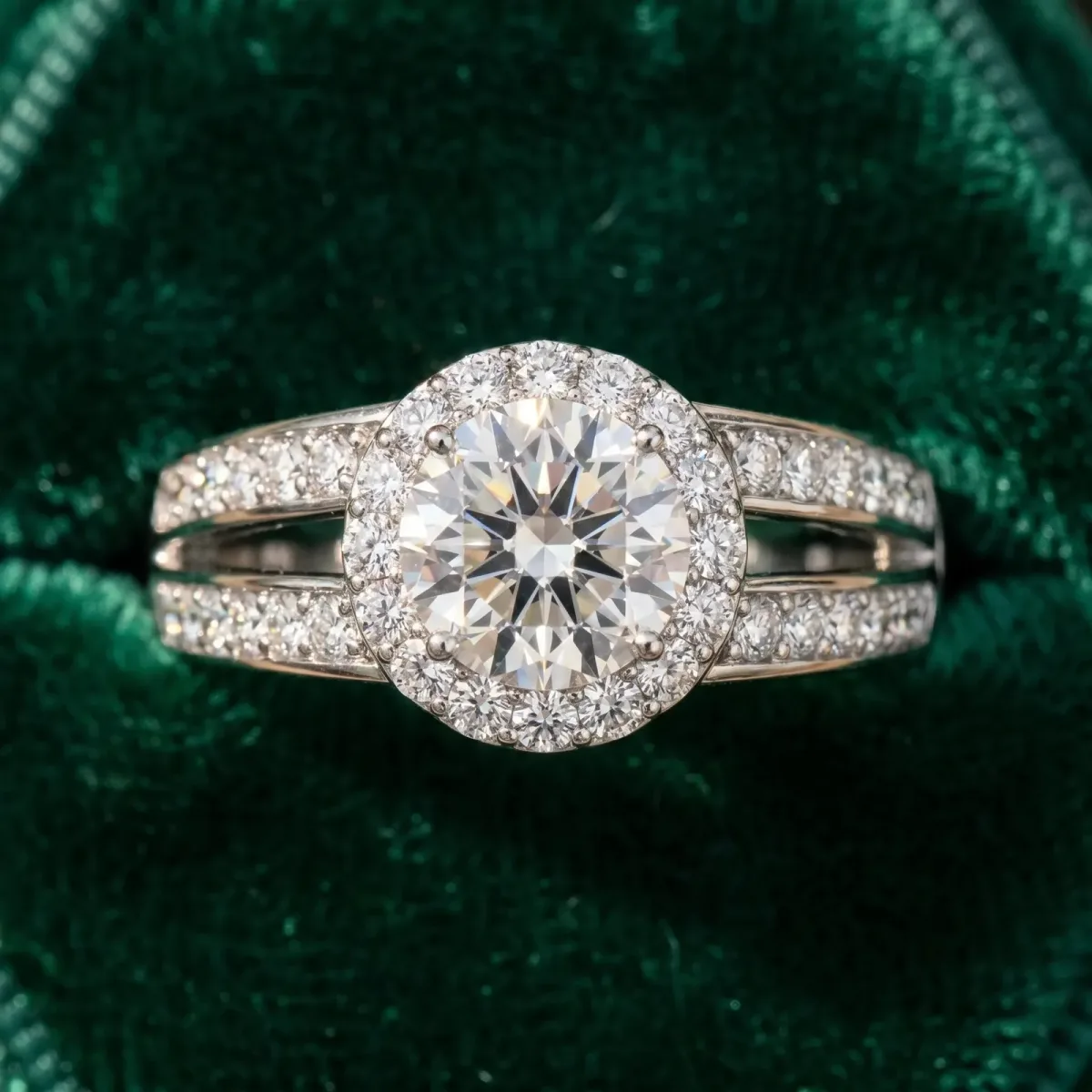Asscher Cut Diamond Halo Ring with Split Shank Pavé Band and Four-Prong Setting Platinum