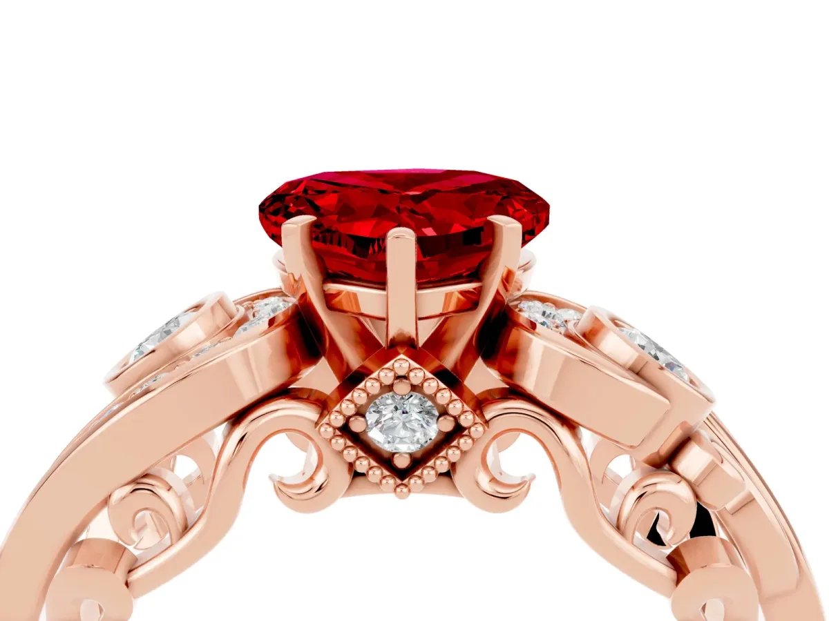 Heart Cut Ruby Solitaire Ring with Milgrain Pavé Band and Four-Prong Setting Rose gold