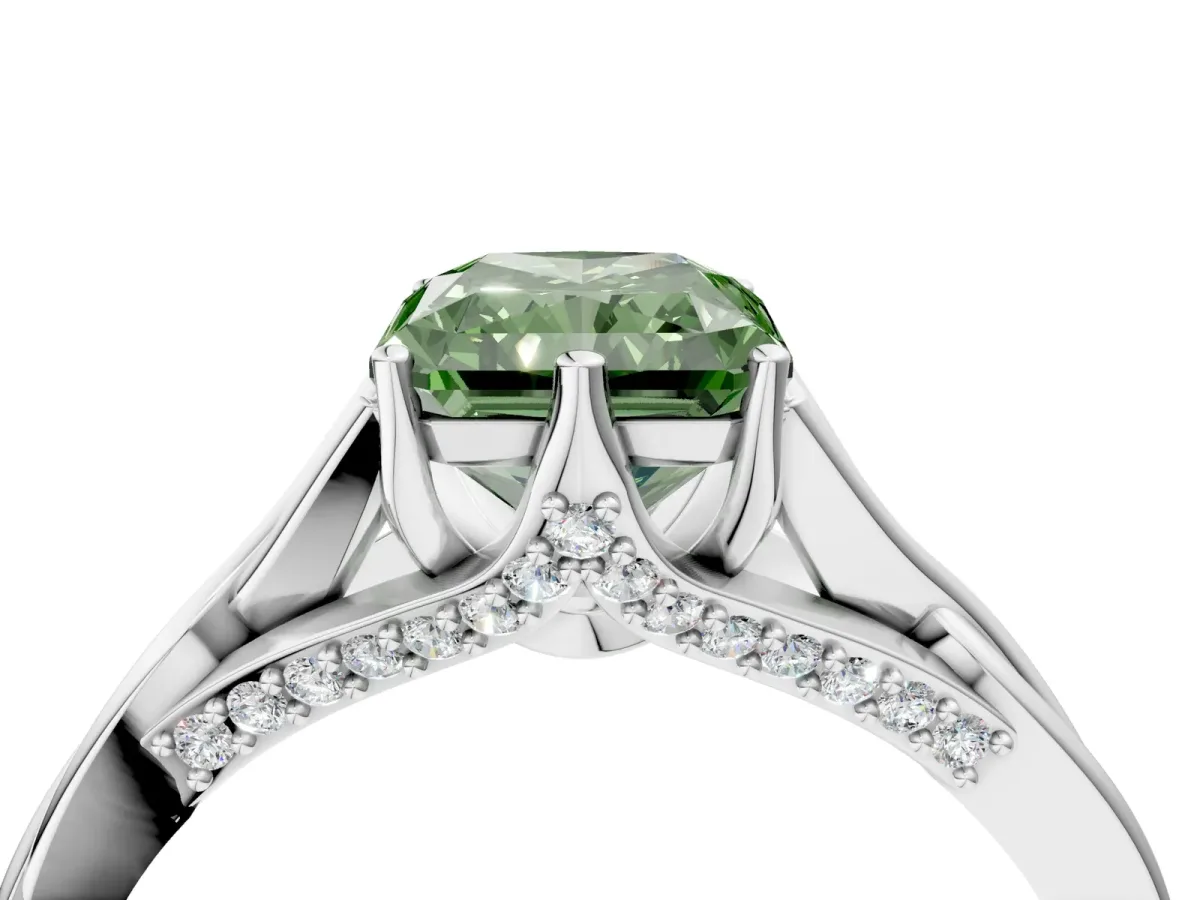 Fancy Green Radiant Cut Solitaire Twist Band Six-Prong Setting Platinum