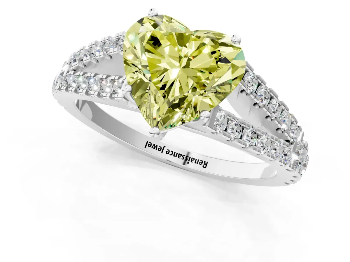 Fancy Yellow Heart Cut Diamond Split Shank Pavé Engagement Ring with Four-Prong Setting White gold