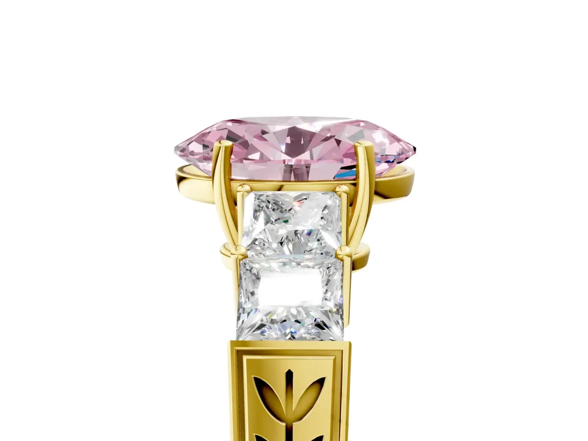 Fancy Pink Oval Cut Solitaire Princess Side Stone Engraved Band Prong Setting Ring Yellow gold