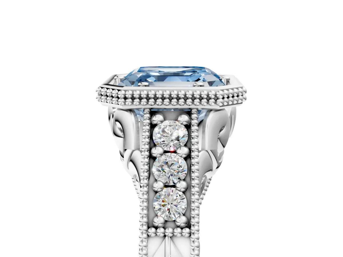 Fancy Blue Bezel Set Asscher Cut Diamond Milgrain Pave Engagement Ring Platinum