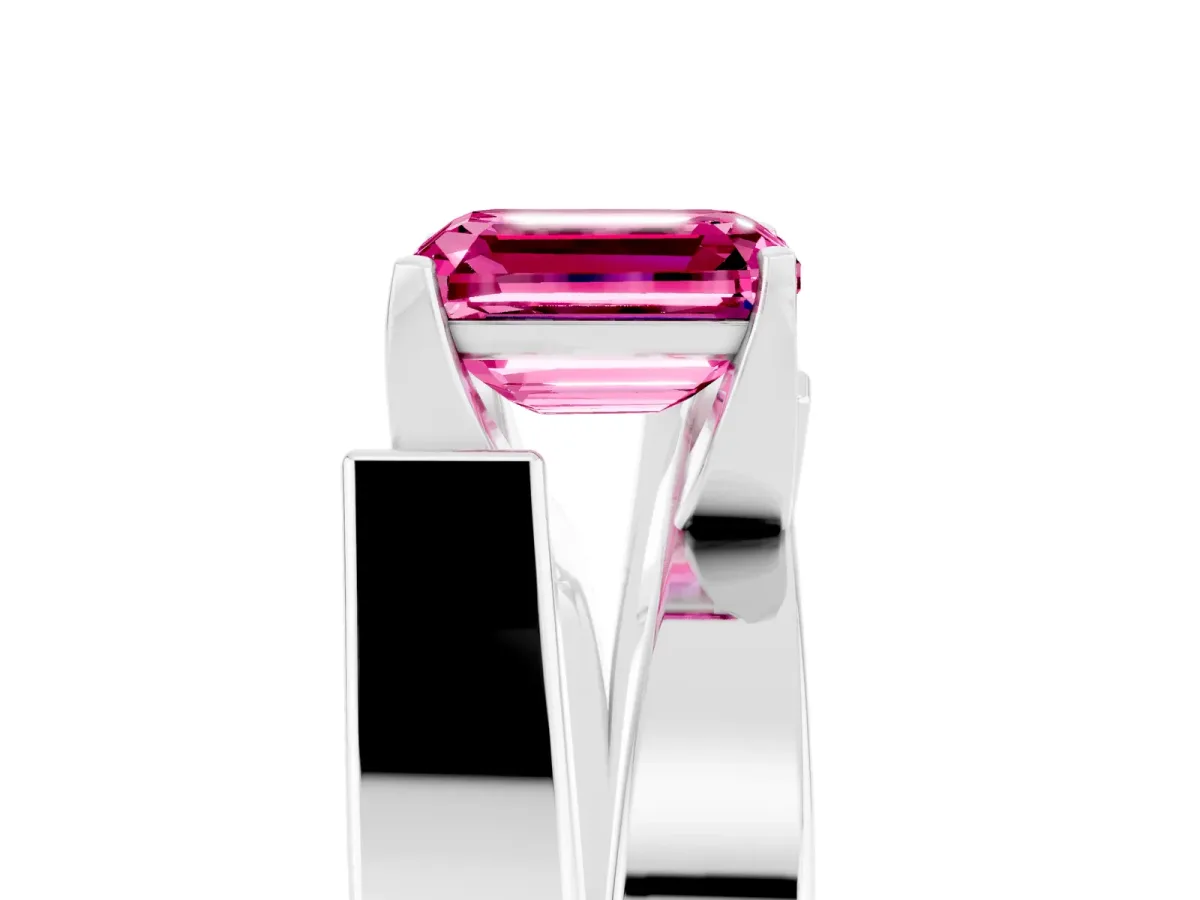 Modern Tension Set Emerald Cut Pink Sapphire Solitaire Wide Band Ring Silver