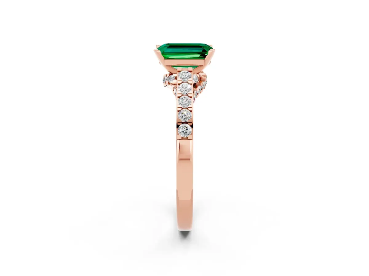 Emerald Cut Emerald Solitaire Ring with Crossover Gallery and Round Pavé Band Rose gold