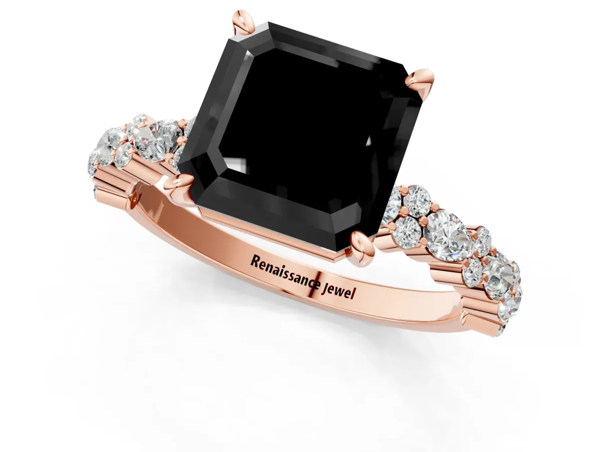 Fancy Black Asscher Cut Diamond Side Stone Solitaire Ring with Round and Four-Prong Setting Rose gold