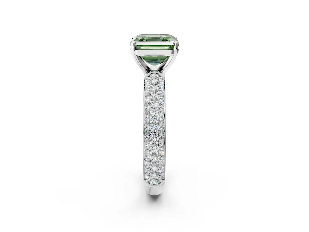 Fancy Green Asscher Cut Diamond Solitaire Ring with Prong Setting and Pavé Band Platinum