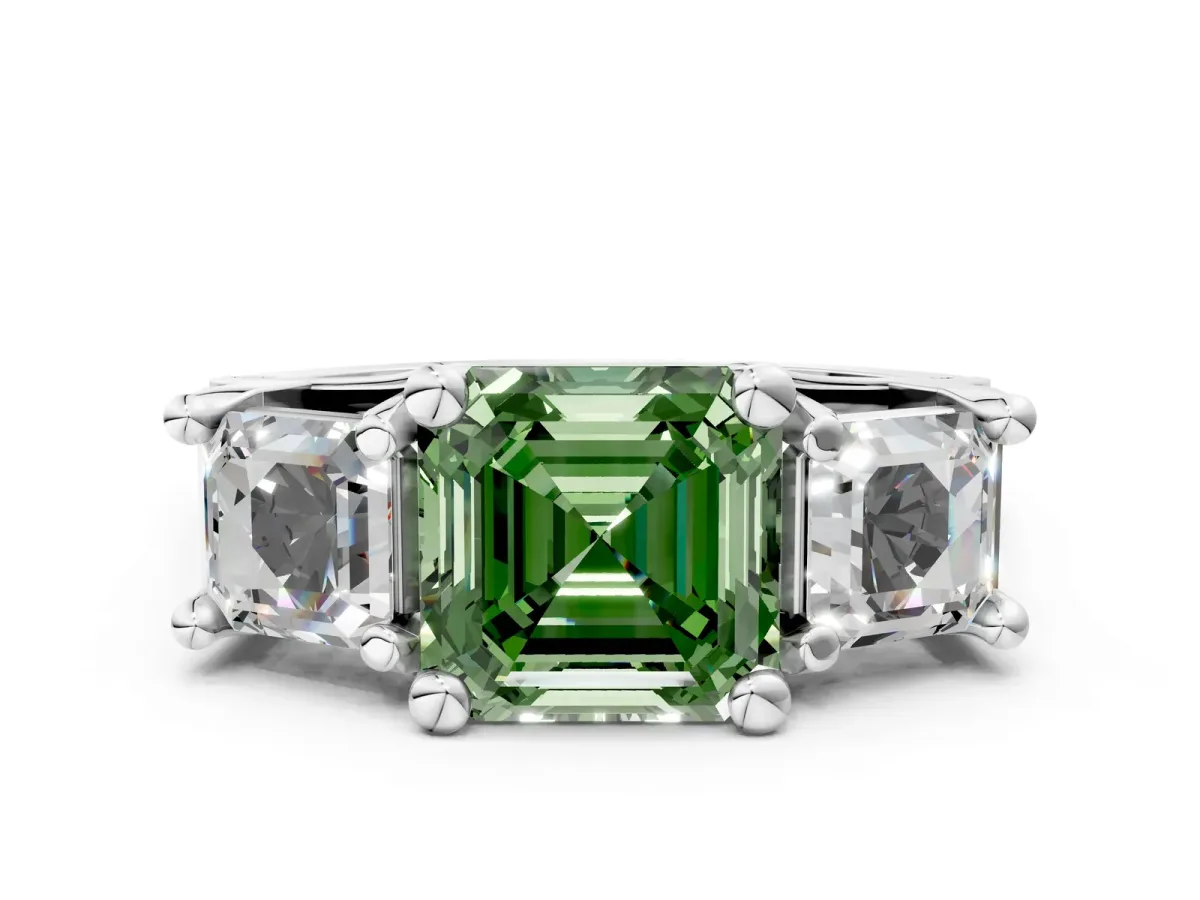 Fancy Green Asscher Cut Diamond Three-Stone Ring with Channel Set Band and Four-Prong Setting Platinum
