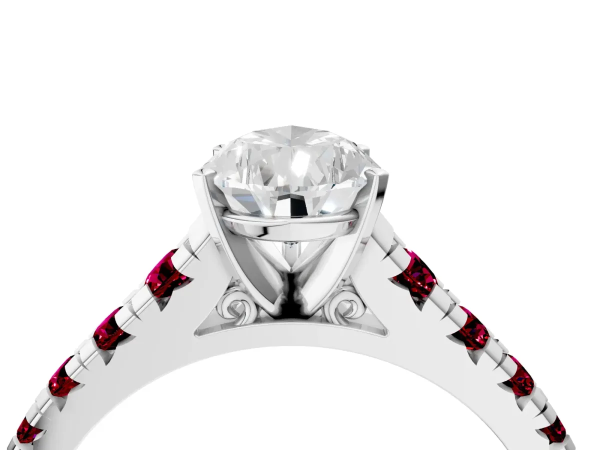 Pear Cut Diamond Cathedral Solitaire Ring with Round Garnet Pavé Band Silver