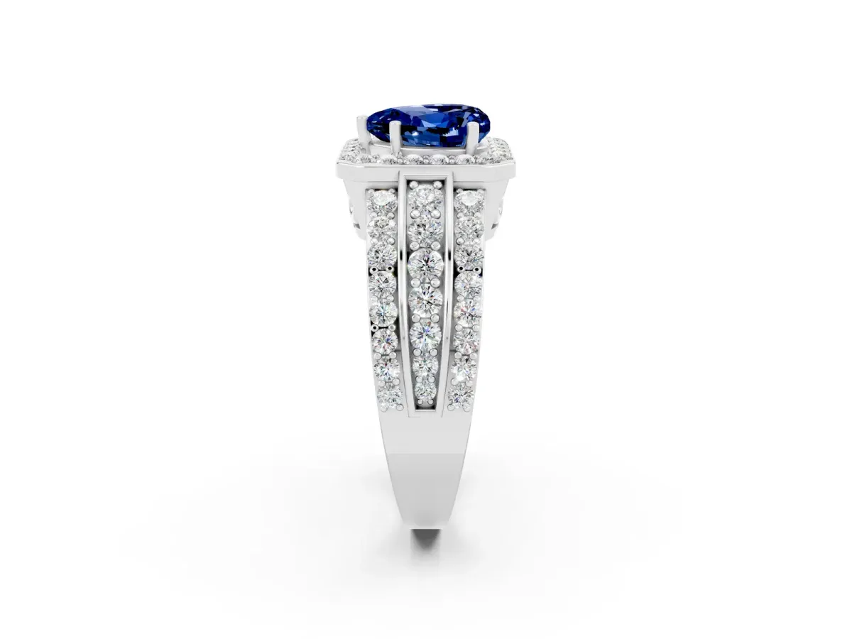 Heart Cut Halo Blue Sapphire Ring with Round Split Shank and Prong Setting Platinum