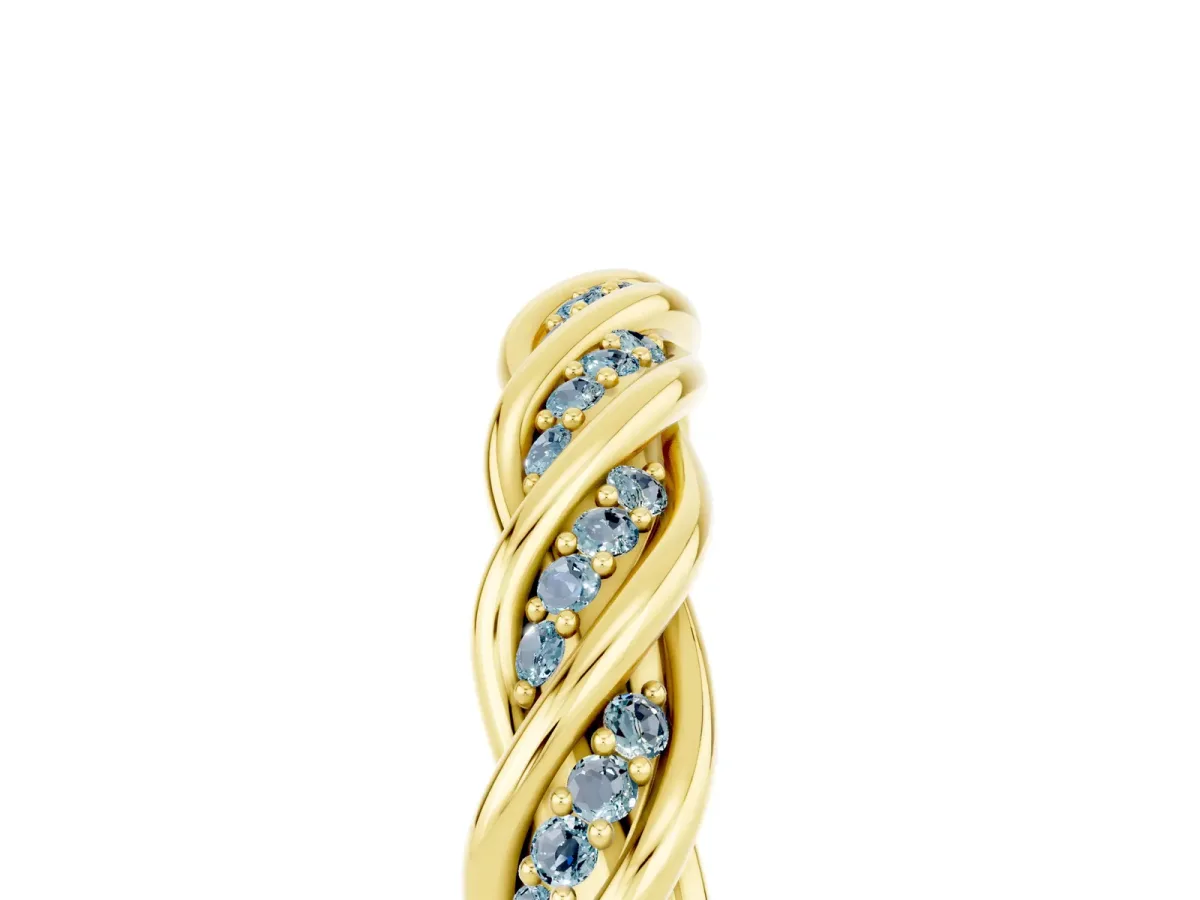 Twisted Pavé Round Aquamarine Eternity Band with Shared Prong Setting Yellow gold