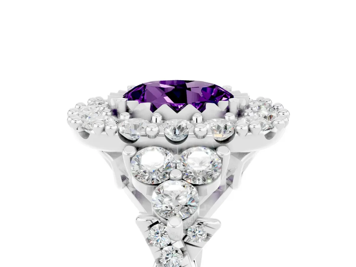 Round Cut Amethyst Halo Ring with Pavé Band and Four-Prong Setting Silver