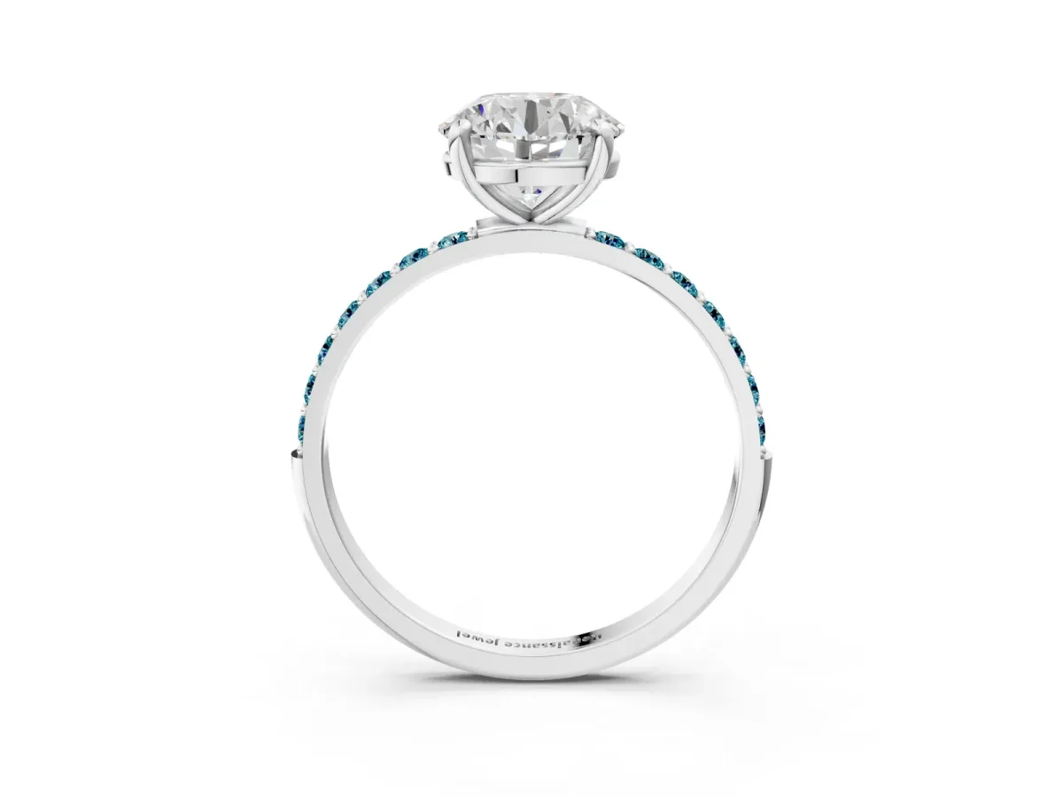 Round Cut Diamond Solitaire Ring with Round Blue Topaz Pavé Band and Prong Setting Silver