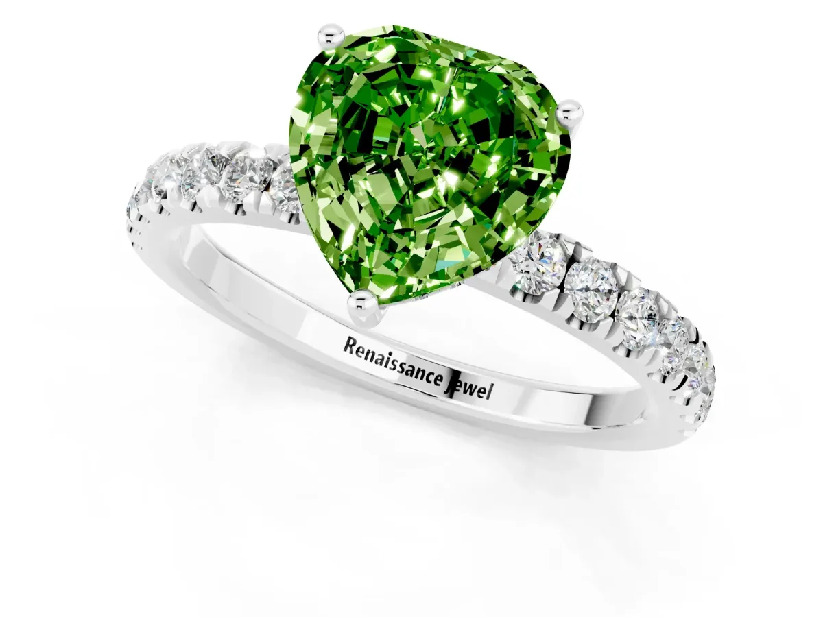 Heart Cut Peridot Pave Band Solitaire Ring with Round and Prong Setting Platinum