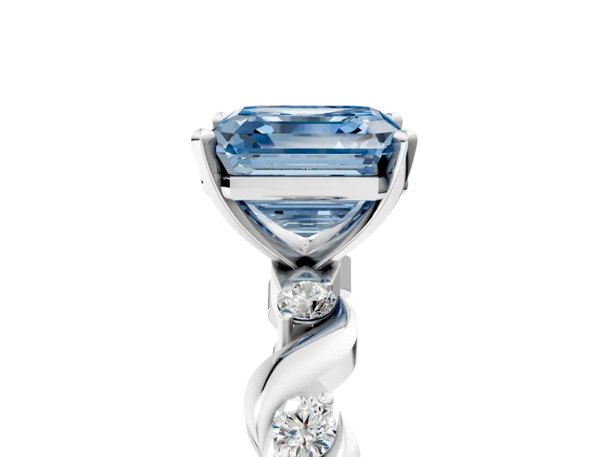 Fancy Blue Asscher Cut Diamond Solitaire Twisted Band with Round Accents and Prong Setting Silver