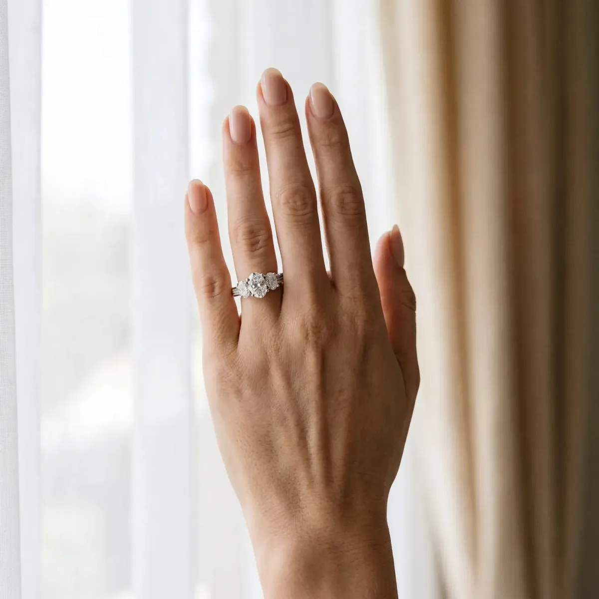 Asscher Cut Diamond Three-Stone Ring with Prong Setting and Textured Band Platinum