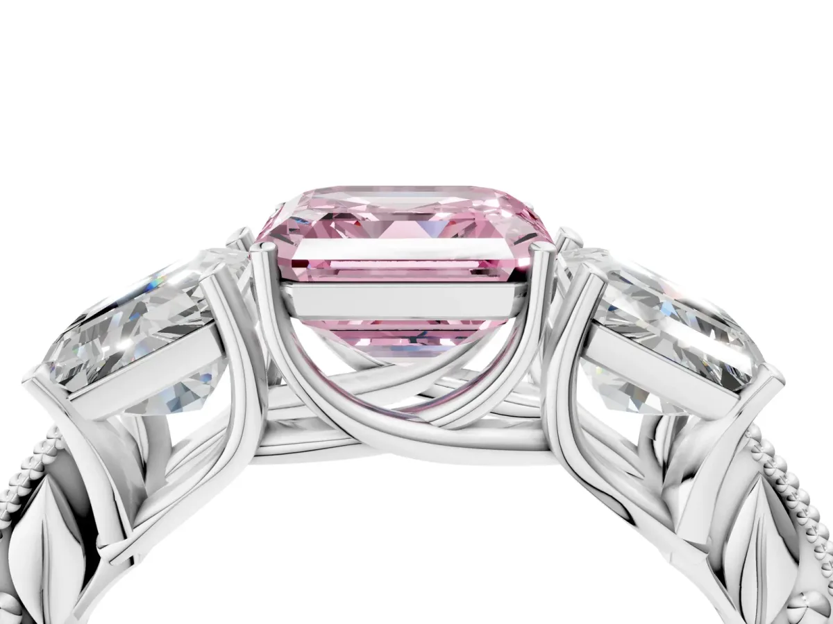 Fancy Pink Three-Stone Asscher Cut Cut Milgrain Pavé Engagement Ring Platinum
