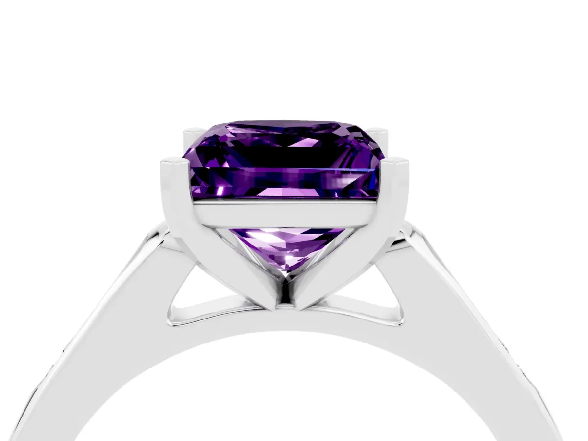 Princess Cut Amethyst Solitaire Ring with Channel Set Round Band and Prong Setting Silver