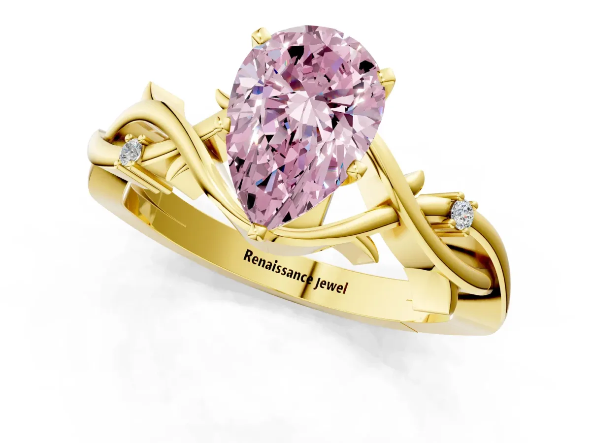 Fancy Pink Pear Cut Diamond Solitaire Ring with Twisted Band and Prong Setting Yellow gold