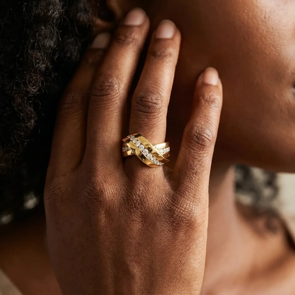 Pavé Round Diamond Crossover Band with Channel Setting Yellow gold