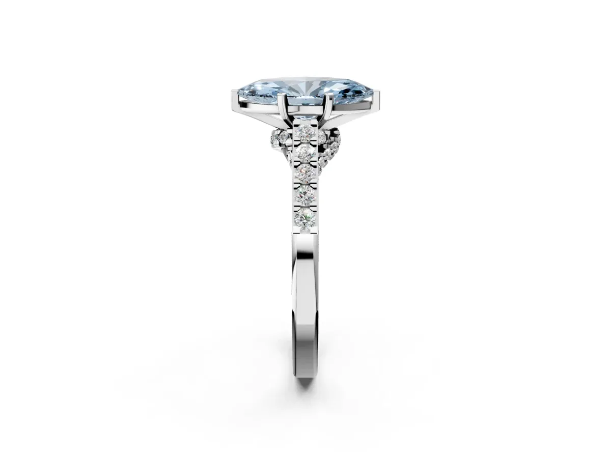 Fancy Blue Marquise Cut Diamond Solitaire Ring with Crossover Gallery and Round Pavé Band Silver