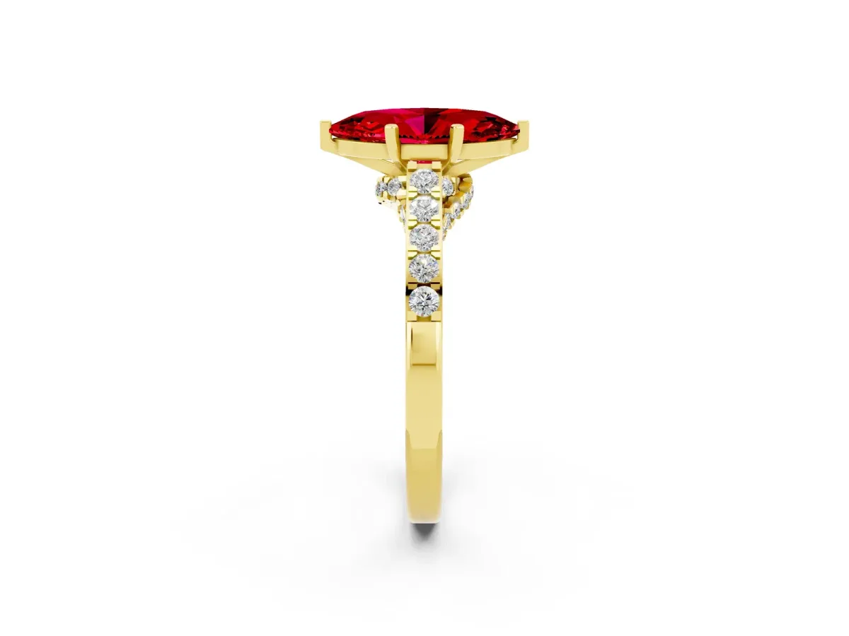 Marquise Cut Ruby Solitaire Ring with Crossover Gallery and Round Pavé Band Yellow gold